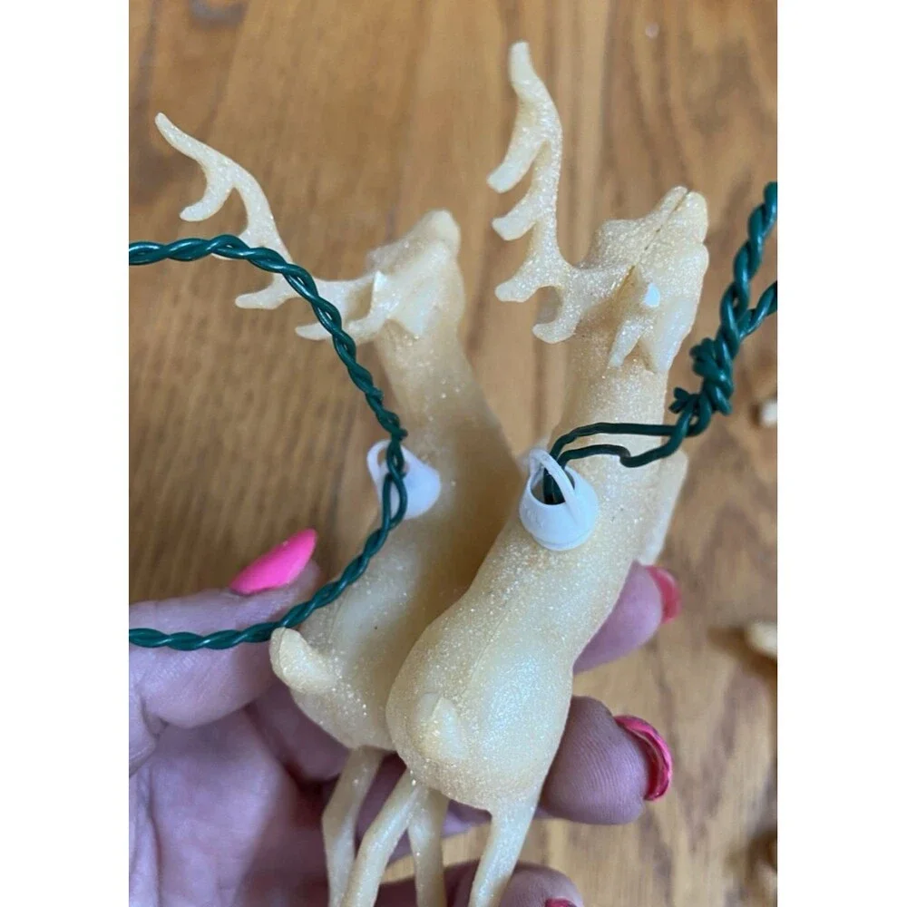Vintage Christmas Reindeer Blow Mold Ivory Glitter String Light Ornaments Lot 4